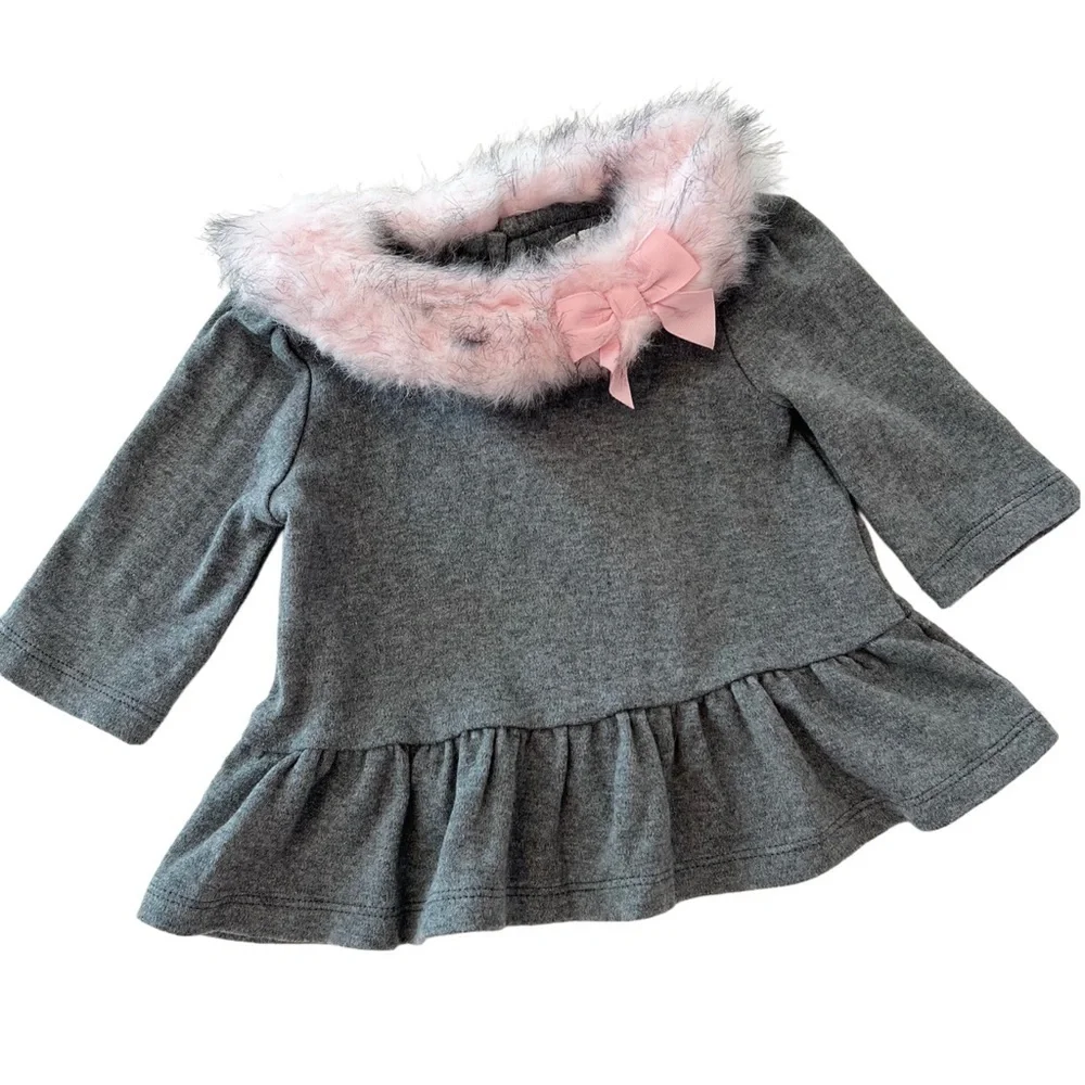 Janie and Jack Gray Long Sleeve Top with Pink Faux Fur Collar & Bow | Baby 12M